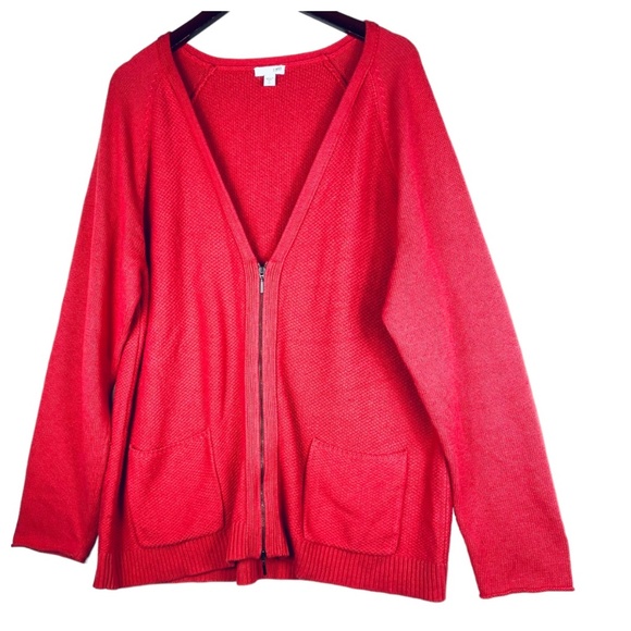 J Jill XL Tall 14 16 Sweater Cardigan Zip Up Coral Pockets V-Neck - Picture 2 of 5